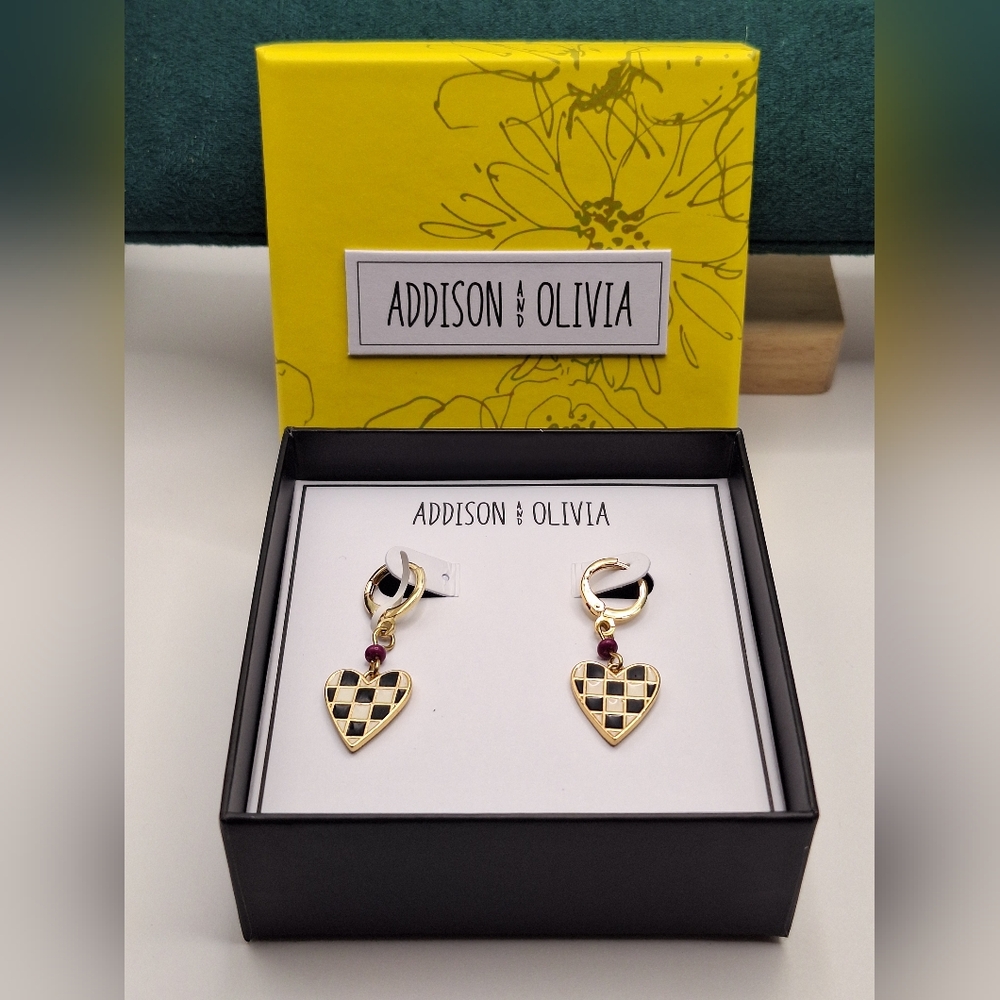 Addison & Olivia Checkered Heart Drop Earrings | Fine Silver Plate | Boxed